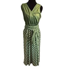 Misslook Green Polka Dot Wrap Midi Dress Size L Sleeveless Retro Tie Waist